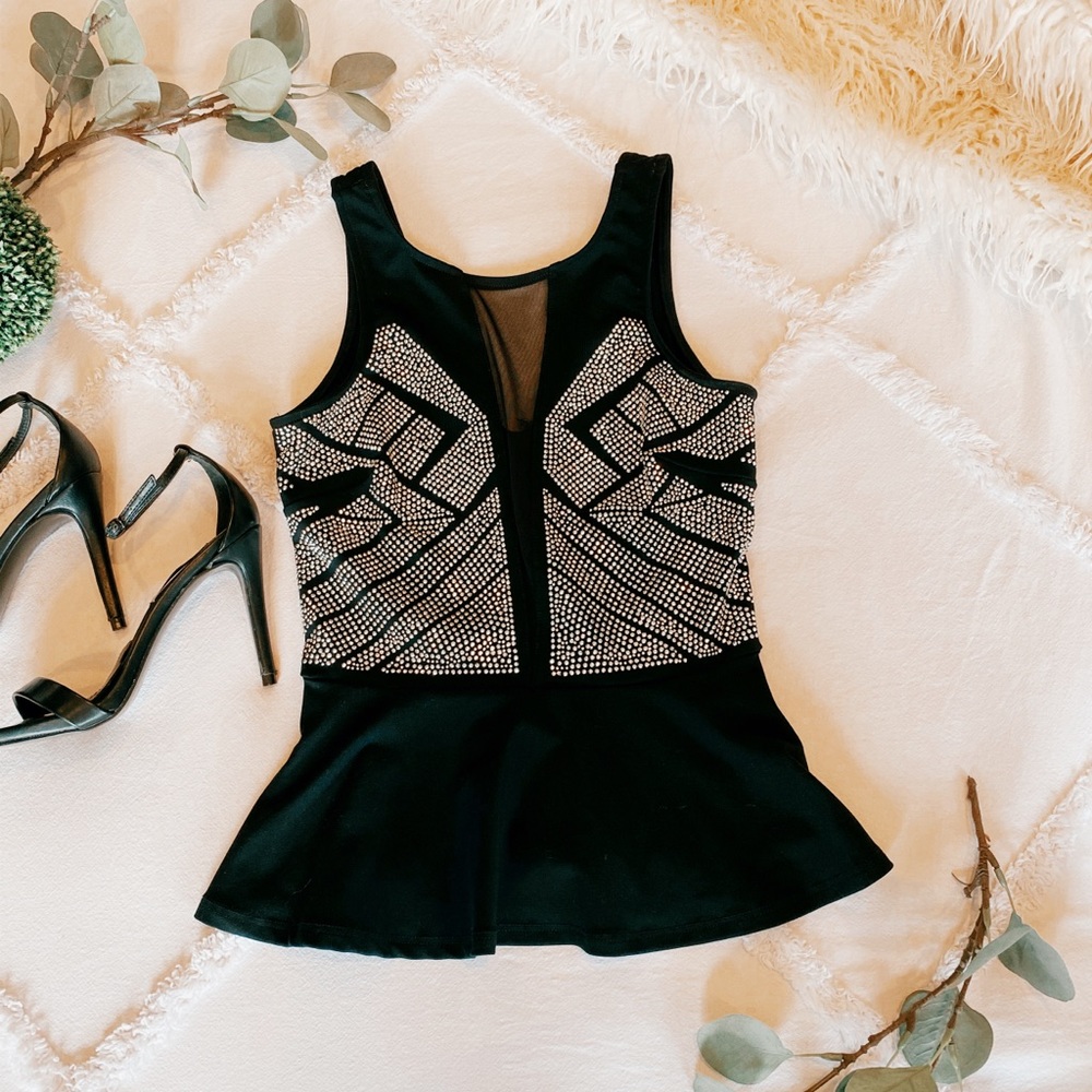 Bebe Mesh & Rhinestone Peplum Top